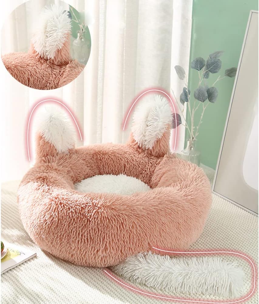 Cute Plush Pet Bed for Dogs Calming Donut Cat Sofa Bed Soft Mat with Ears and Tail Style Light Grey Diameter 27.5"(70cm)