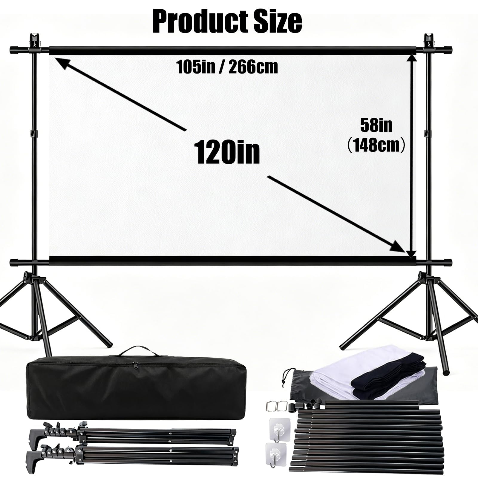 Pantalla de proyección portátil con soporte, 120 pulgadas, 16:9, 4K, HD, plegable, lavable, pantalla de proyección, 2 en 1, montaje en pared y pantalla de película de pie para exteriores, para