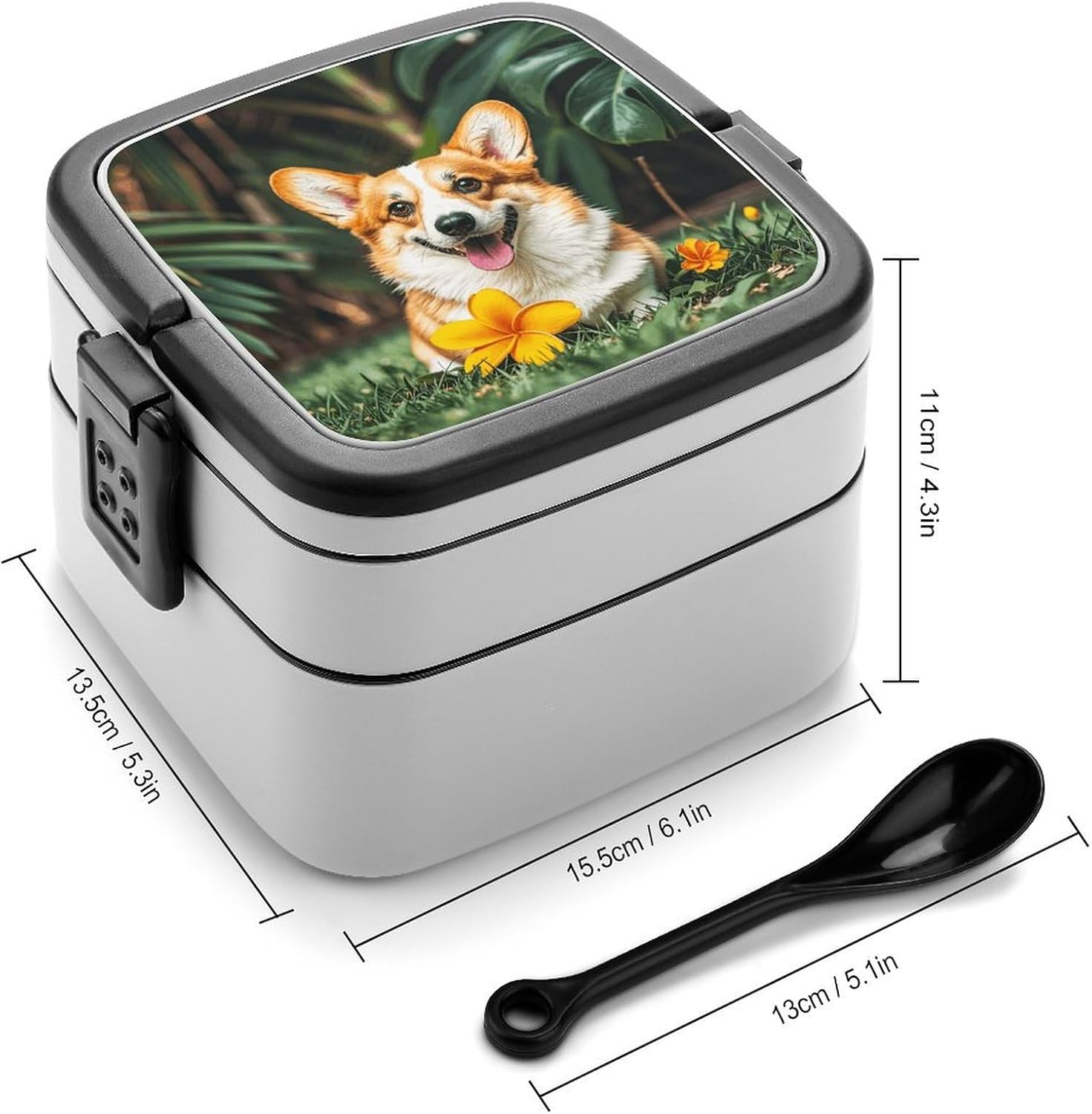 Bento Box with Spoon And Handle Tropical Flower And Corgi Printed Stackable Bento Box Portable Bento Lunch Box Container for Work Camping And Travel