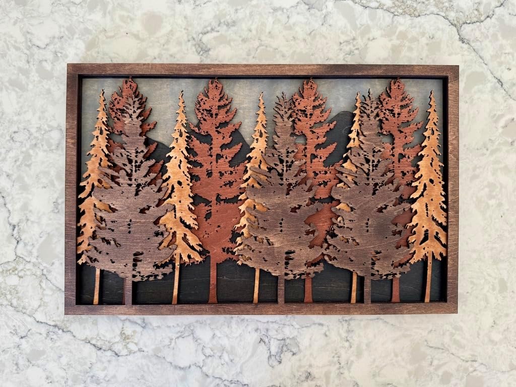 Wind Whistles in the Trees: 16"x10" Multi-Layered Mountain & Forest Wood Wall Art - Rustic Cabin Chic Decor, Stained Wood, Nature-Inspired