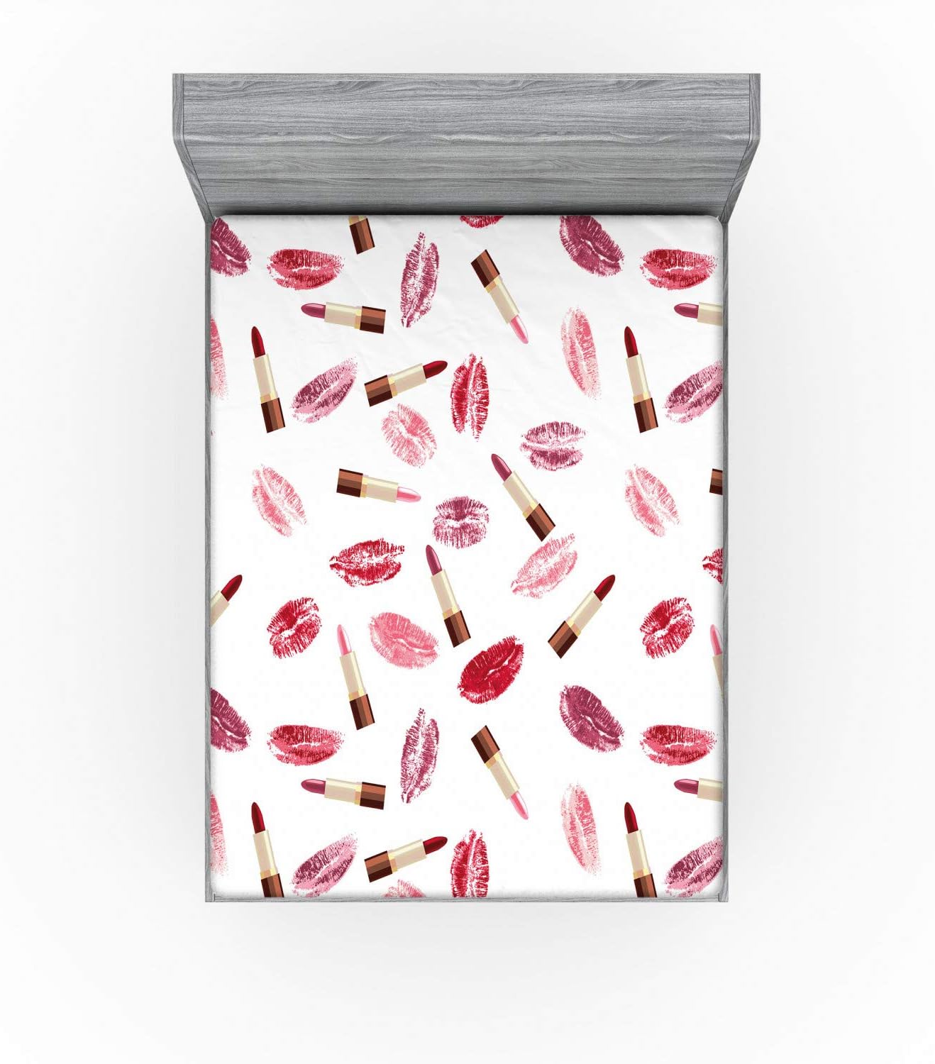 Ambesonne Cosmetics Fitted Sheet, Beauty Theme Pink and Burgundy Lipstick and Kiss Pattern Makeup Concept, Soft Decorative Fabric Bedding All-Round Elastic Pocket, Queen Size, Burgundy Pink