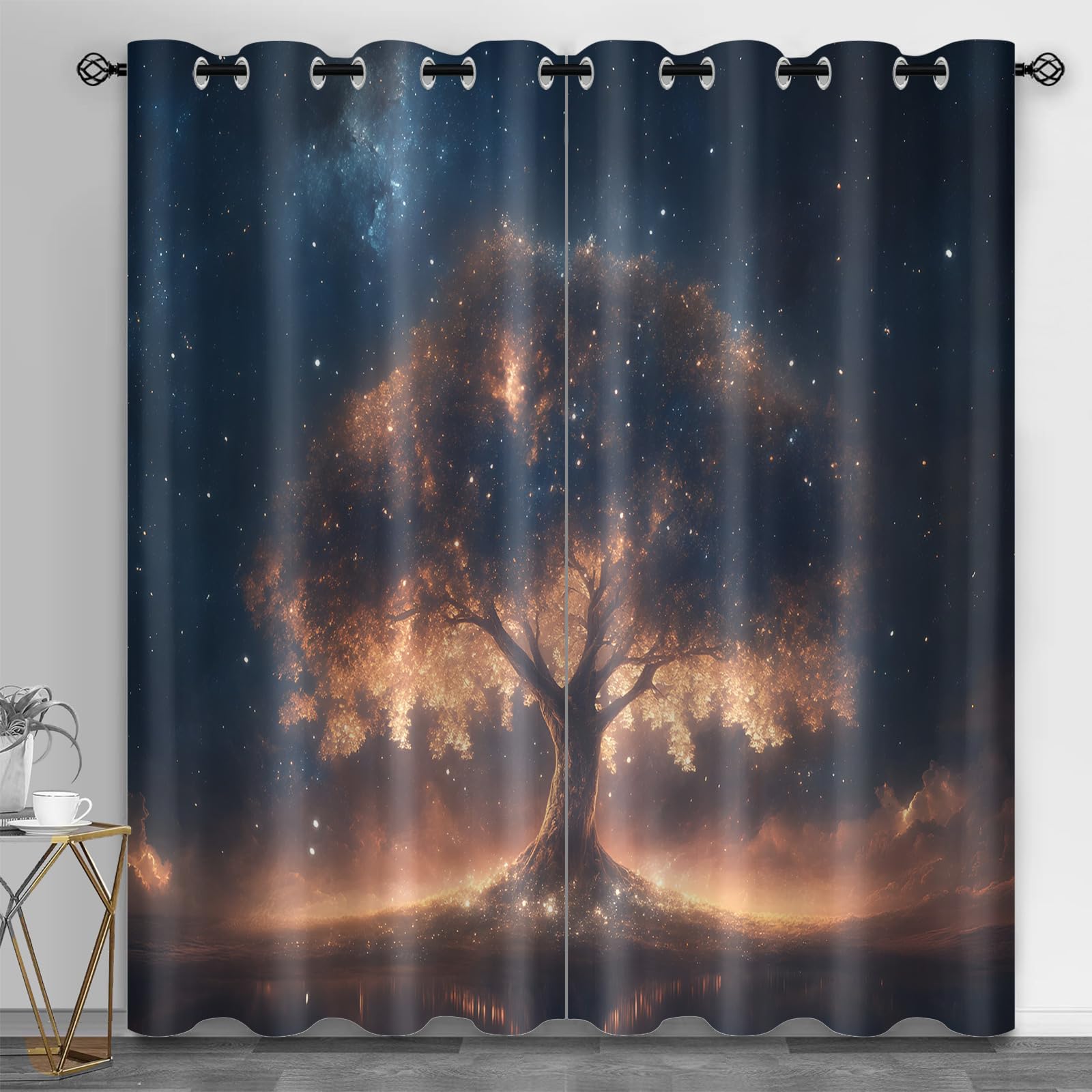 Rideaux occultants haut de gamme motif arbre de vie et ciel étoilé 168cm