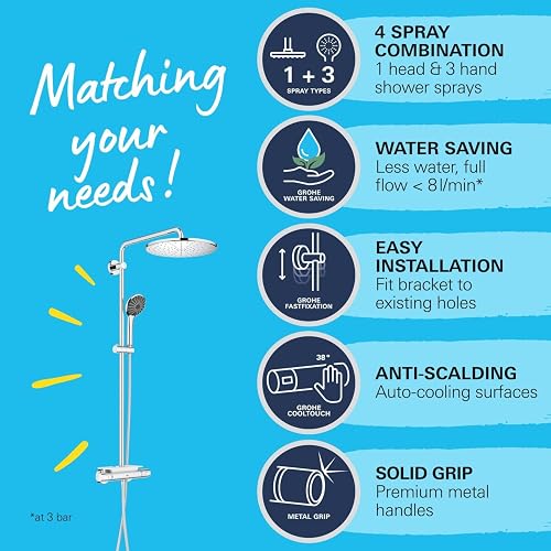 GROHE Vitalio Joy 310 - Cool Touch Thermostatic Mixer Shower Set (Water Saving Technology, Rain, Soap Tray, 110 mm 3 Spray Hand, Silicone Nozzles, Hose 1.75 m), Chrome, 26401001 - 4