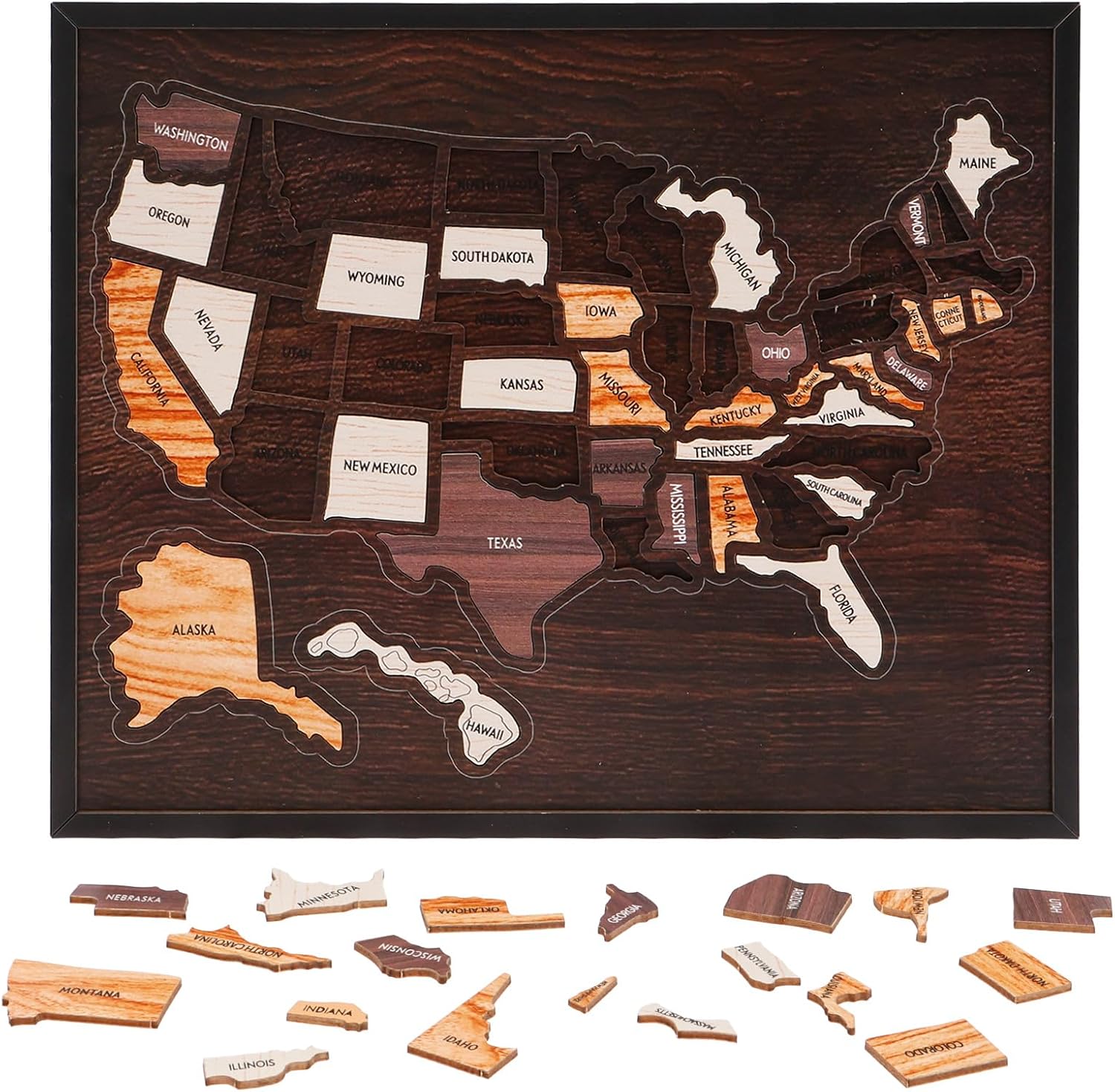 Wooden USA Travel Map Puzzle, 50 States Tracker Map to Mark Places Traveled, 12x10 Real Wood US Journey Memory Board & Tabletop Decor for RV Vacations, Couples & Road Trip Gifts