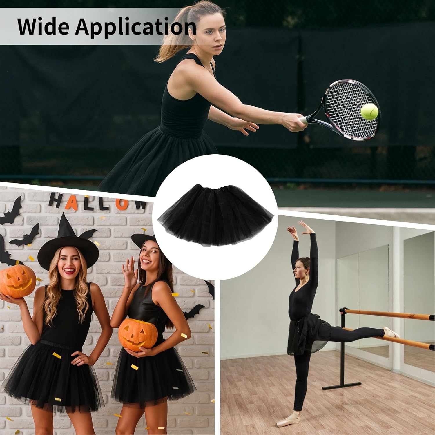 12 PCS Layered Black Tulle Tutu Skirt, 3-Layer Elastic Fluffy Ballet Skirt, Black Mesh Skirts for Halloween Costume, Dance Performance, Cosplay, Party, Daily Dress-Up, Length 15.7 in