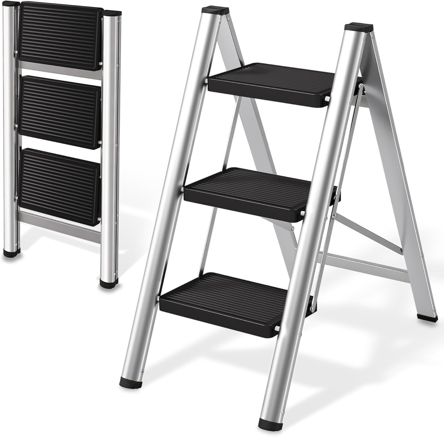 3-Step Ladder, Folding Step Stool for Adults with Wide Anti-Slip Pedals, Portable Step Ladder for Kitchen/Closet/Garage, Steel Multi-use Foldable Stepstool for Home 330 Lbs