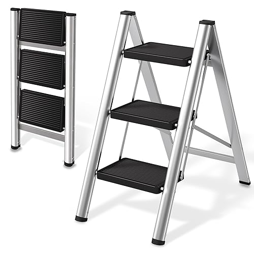 3-Step Ladder, Folding Step Stool for Adults with Wide Anti-Slip