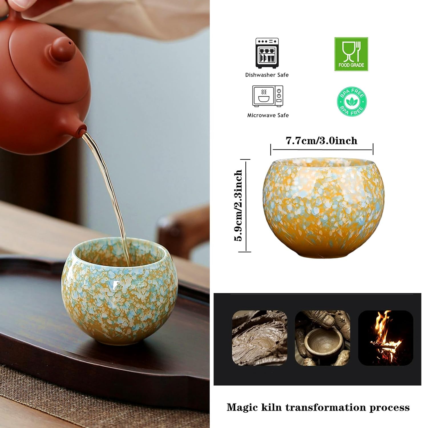 Japanese Tenmoku Tea Cups Set of 4, Jianzhan Ceramic Teacup with Ice Cracks Pattern, 4 oz Egg-Shaped Yunomi Chawan for Tea Ceremony, Matcha, Green Tea, or Coffee (Cherry blossom)