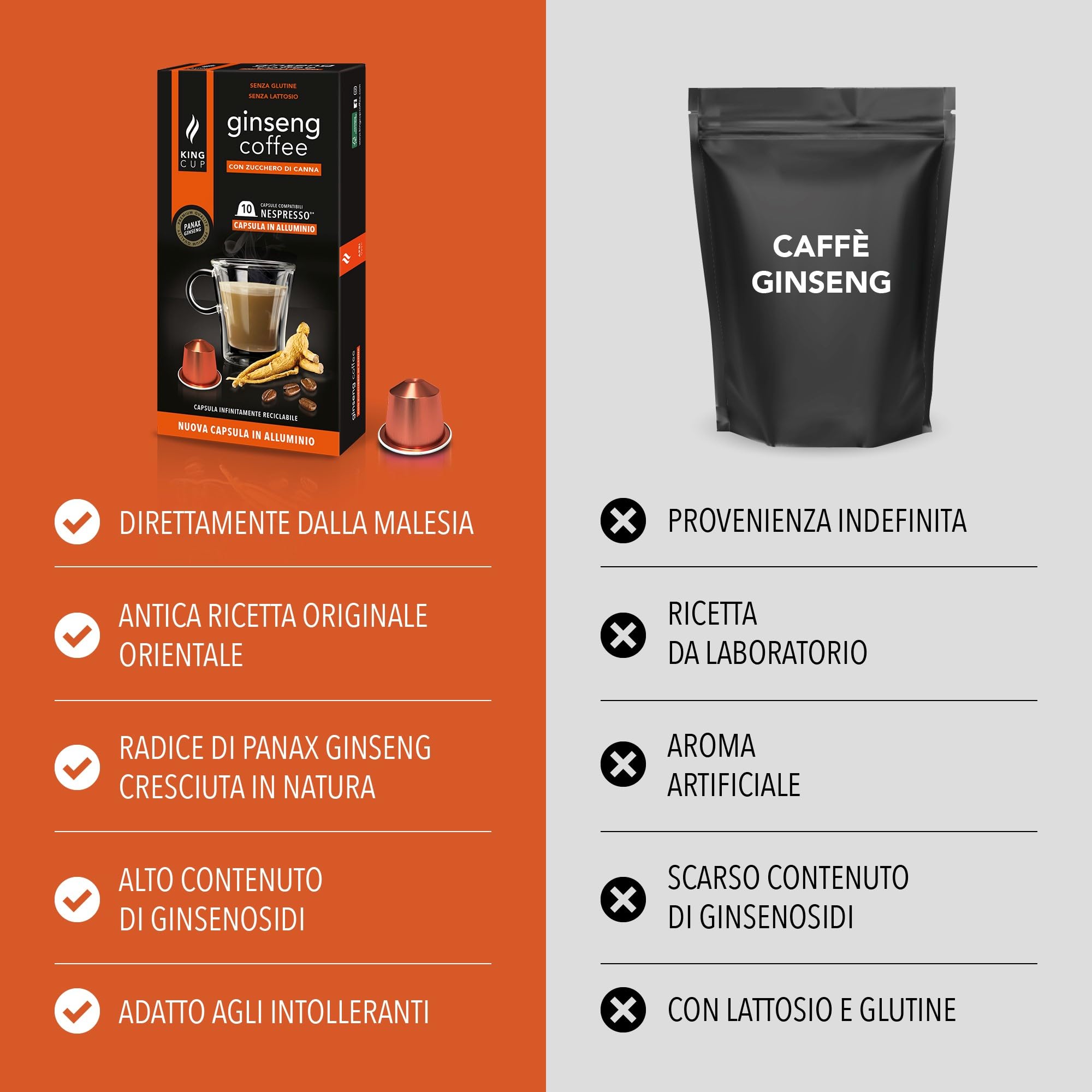 King Cup - 10 Paquetes de 10 Cápsulas de Ginseng con Azúcar de Caña, 100 Cápsulas 100% Compatible con el Sistema Nespresso de Bebida con Sabor de Ginseng, Sin Gluten y Sin Lactosa
