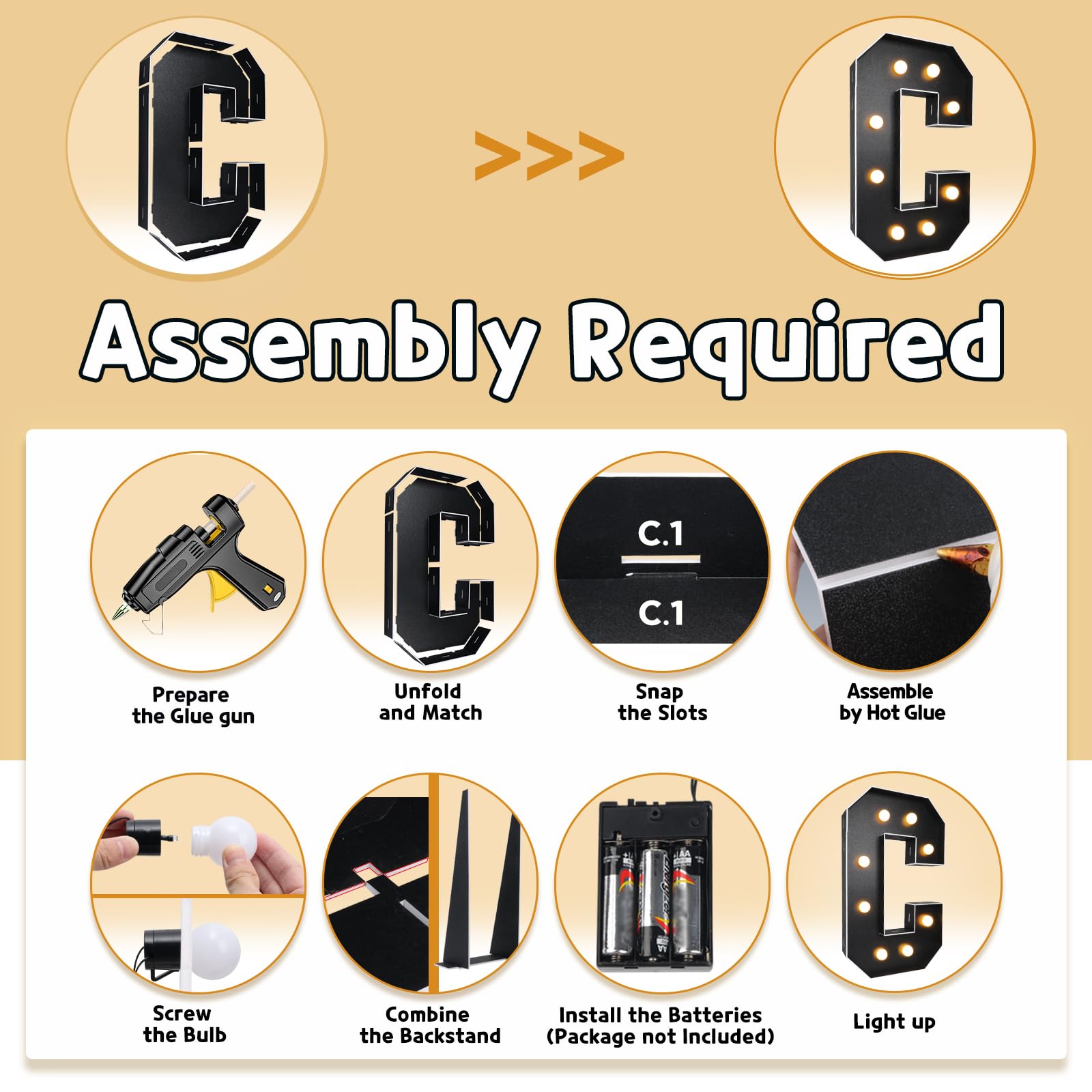 imprsv 3FT Black Marquee Light Up Letters for Black Birthday Party Decorations, Large Black Marquee Letters for Black and Gold Party Decorations Event Anniversary Party Decor, Letter C