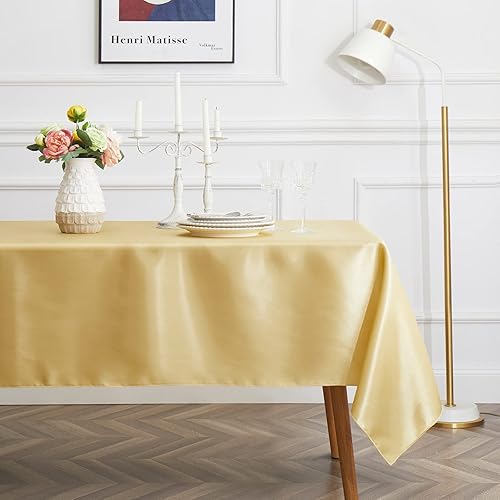 Miniatura 3 de Paquete de 1 mantel de satén dorado, mantel rectangular dorado de 58 x 102 pulgadas, tela suave de satén dorado, mantel de seda de lujo para