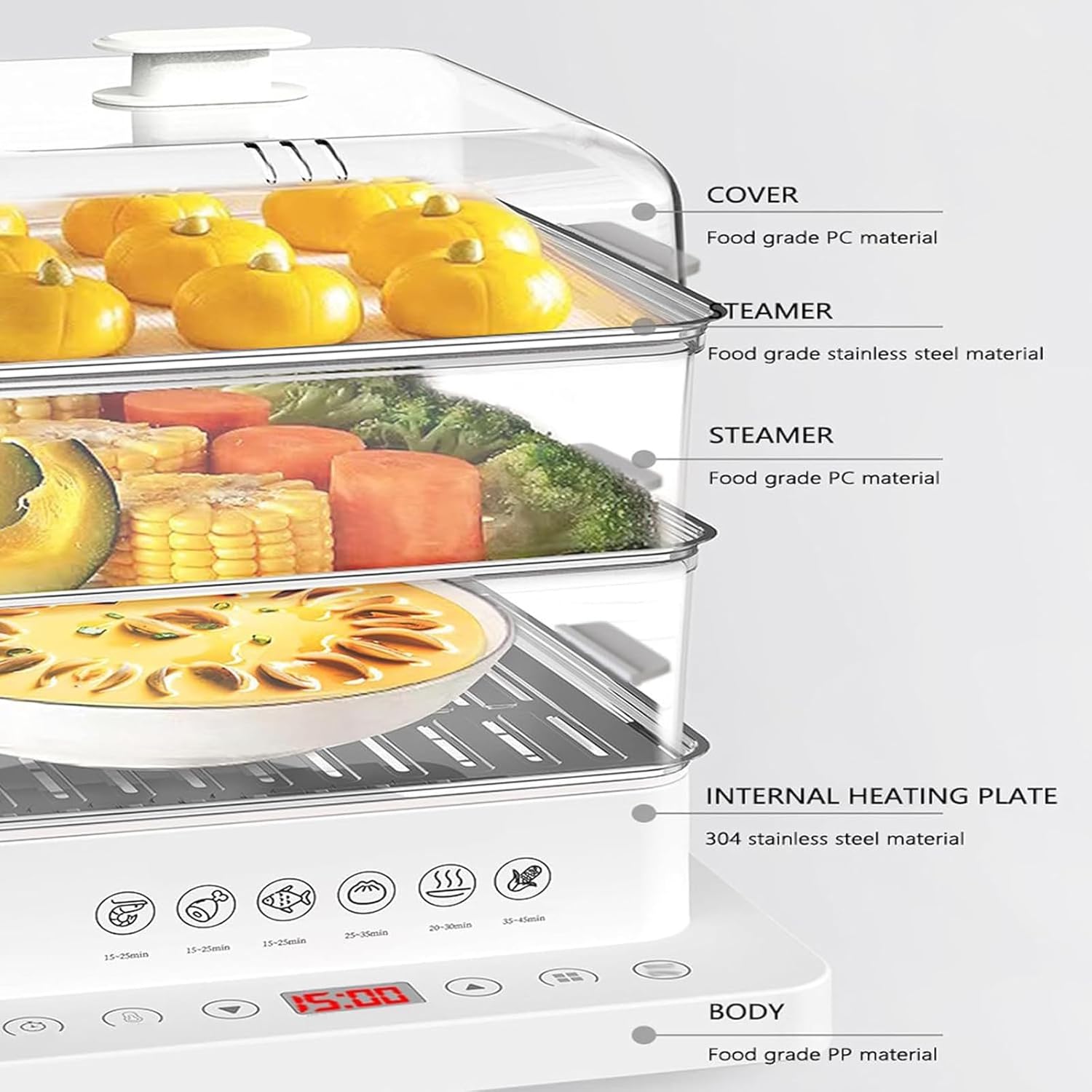 3 Layers/40l Food Steamer 800w Electric Multicookers | Automatic Heat Preservation Steamer Cookware | Touch The Visual Panel Hot Food Heater | Foldable Split Design