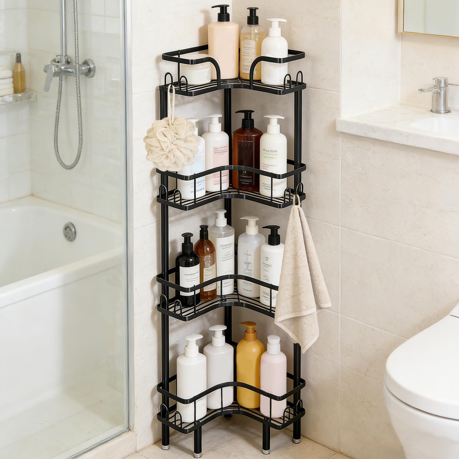 Teleskop Duschregal, 4-Tier Teleskopregal Bad Eckregal mit 16 Haken, Duschablage Ohne Bohren Höhe 107 cm, Schwarz Eckregal mit Verstellbare Fußpolster für Badezimmer