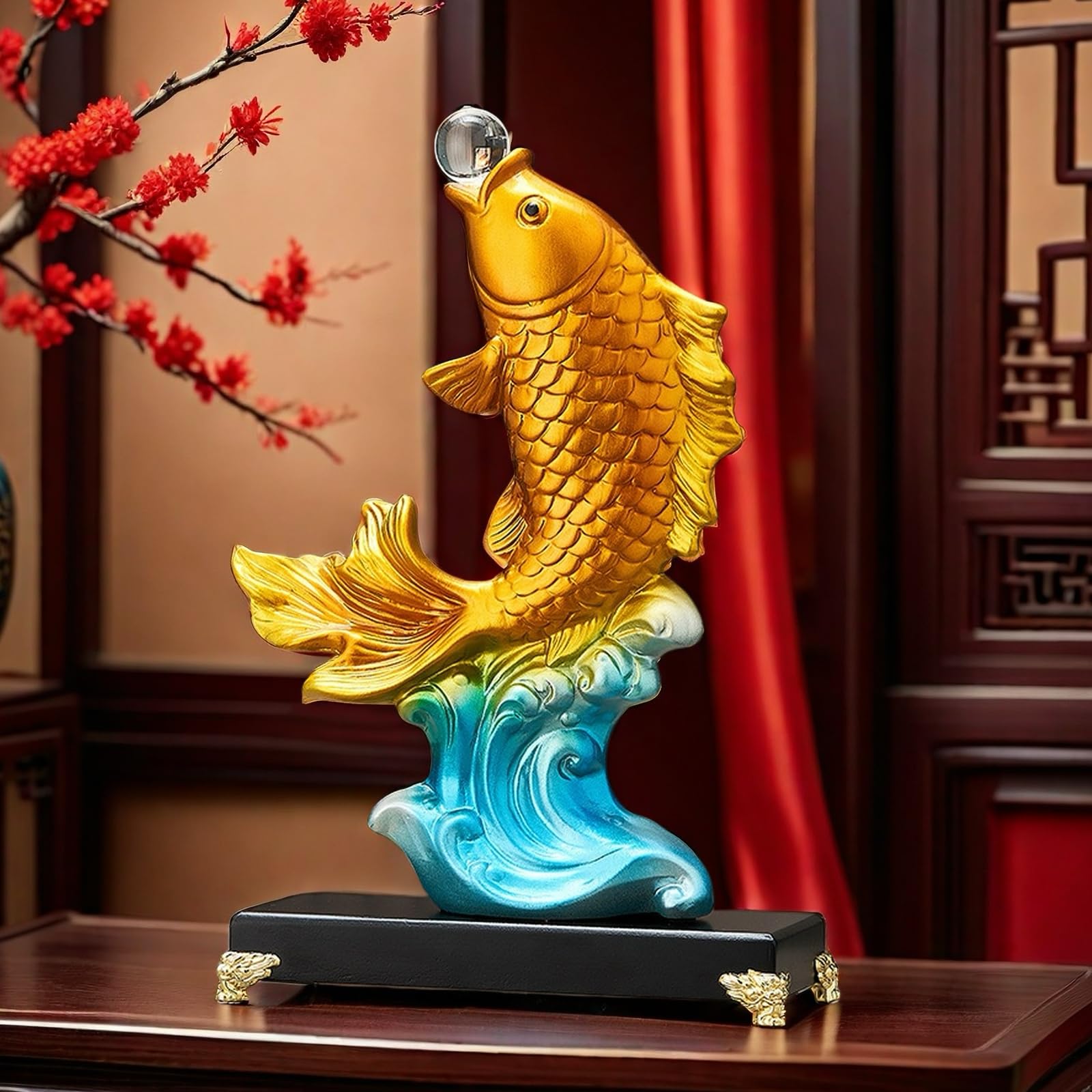 FUNSXBUG Große chinesische Feng Shui Fischstatue, Skulptur, Sammlerfigur, Feng Shui, Dekoration, Zuhause, Büro, Tischdekoration, Ornamente, Glücksgeschenke (Gold)