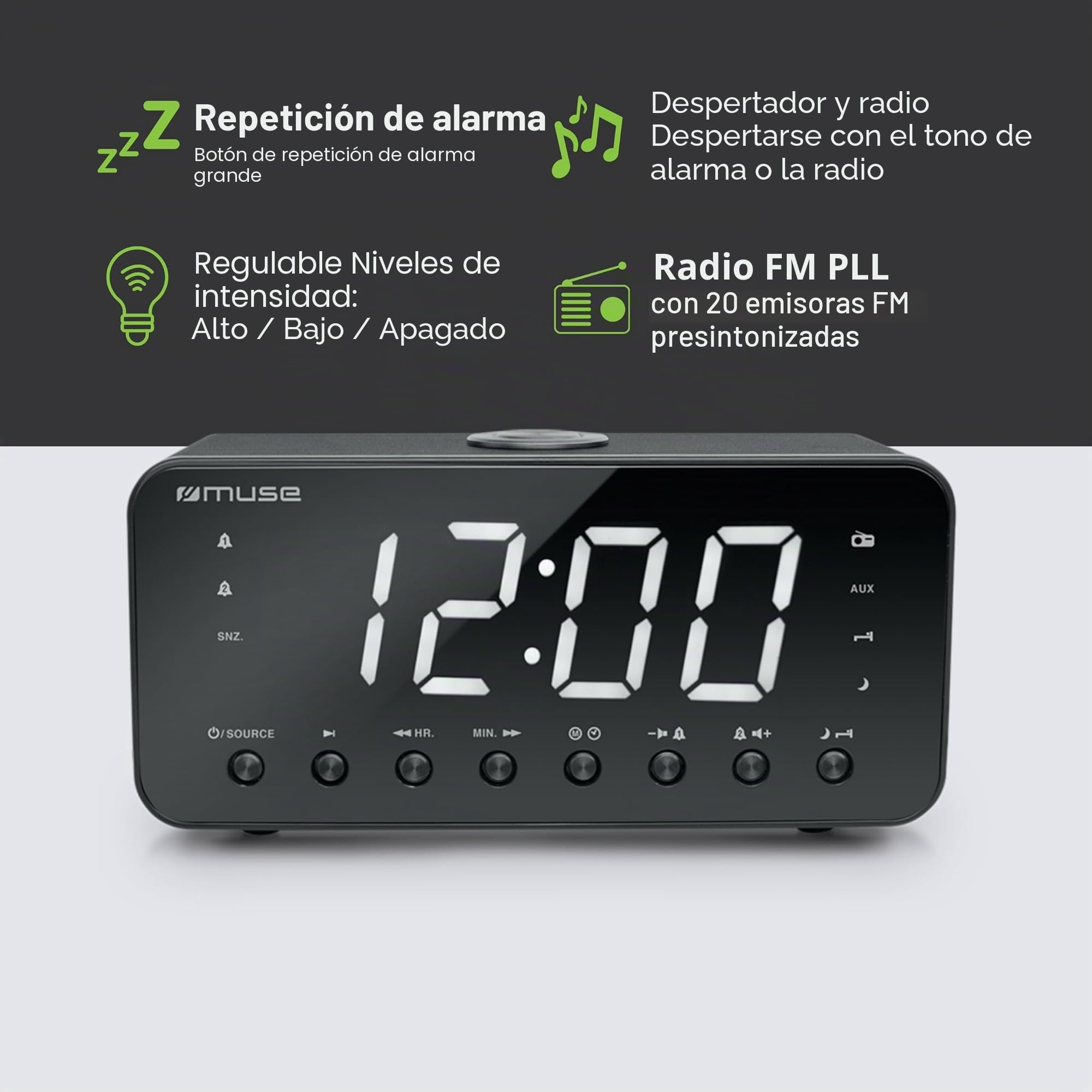 Muse Reloj Radio con Pantalla Jumbo Dual Alarma (Función de repetición/Nanas/Nap)