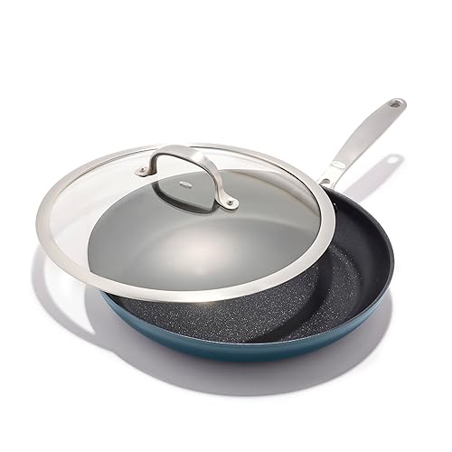 OXO - Sartén antiadherente mejorada de 12" con tapa, juego de utensilios de cocina de cerámica sin PFAS, mango de acero inoxidable, para huevos y