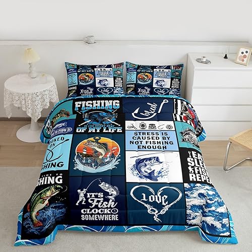 Miniatura 8 de Manfei Go Fishing Juego de edredón tamaño King para niños, juego de ropa de cama con diseño geométrico de peces de bass y rombos, decoración para