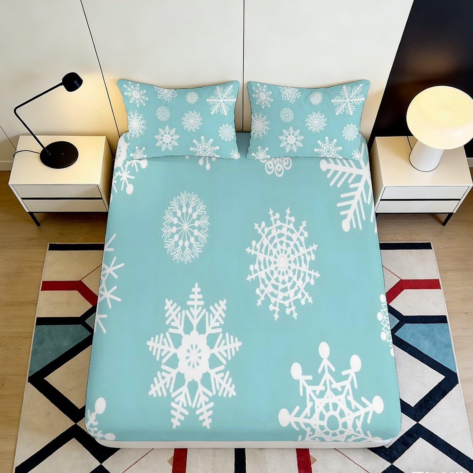 3D Printed Snowflake Microfiber Fitted Sheet Deep Pocket Non-Slip Bedroom Bedding Snowflake Mattress Fitted Cover 160x200x25cm