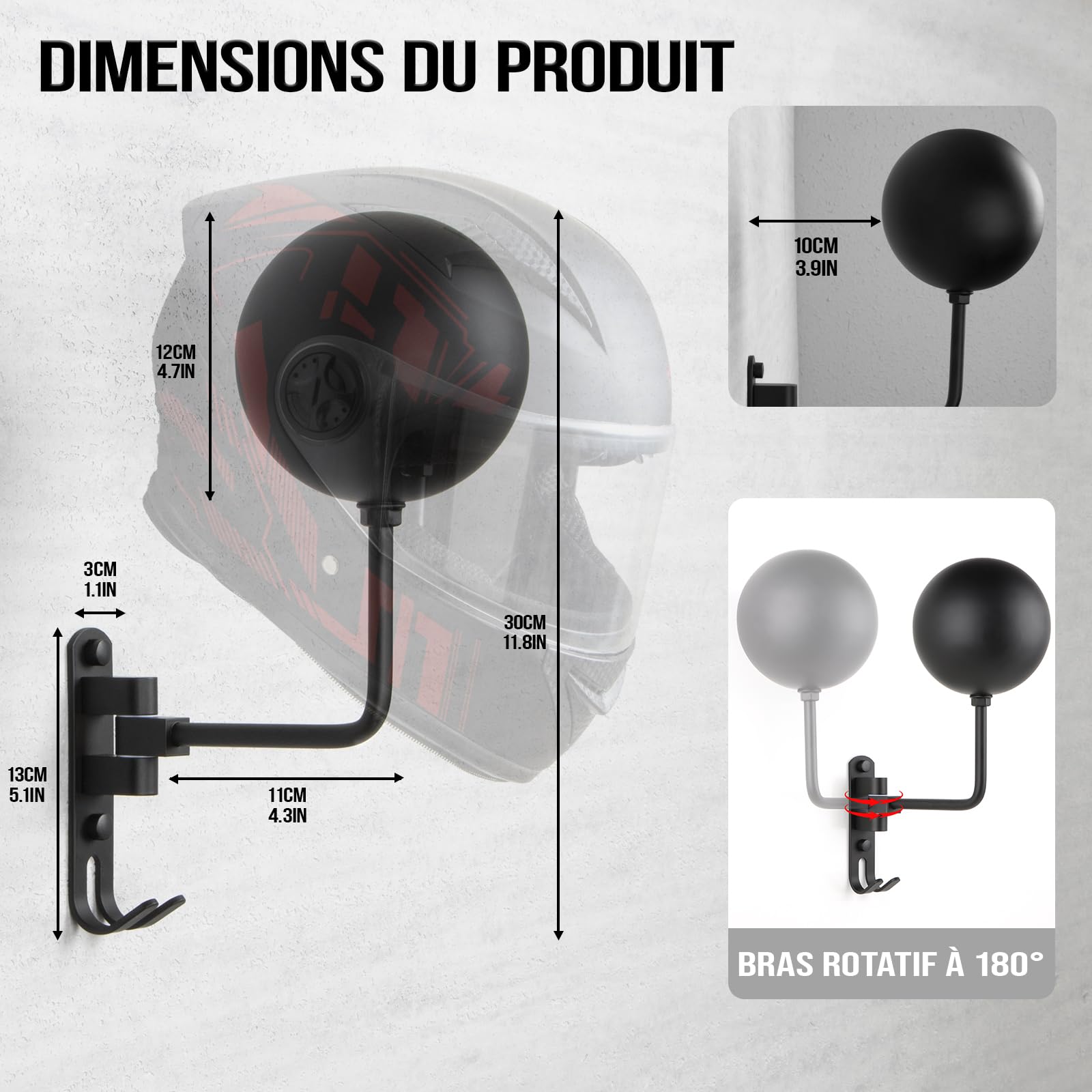 PUERSI Support Mural pour Casque de Moto, Porte Casque pour Vélo et Moto Pivotant à 180° avec 2 Crochets, pour Accrocher Chapeaux, Manteaux et Clés