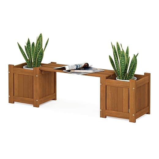 Furinno Tioman Hardwood Mini Outdoor Planter Box with Bench for Garden Plant