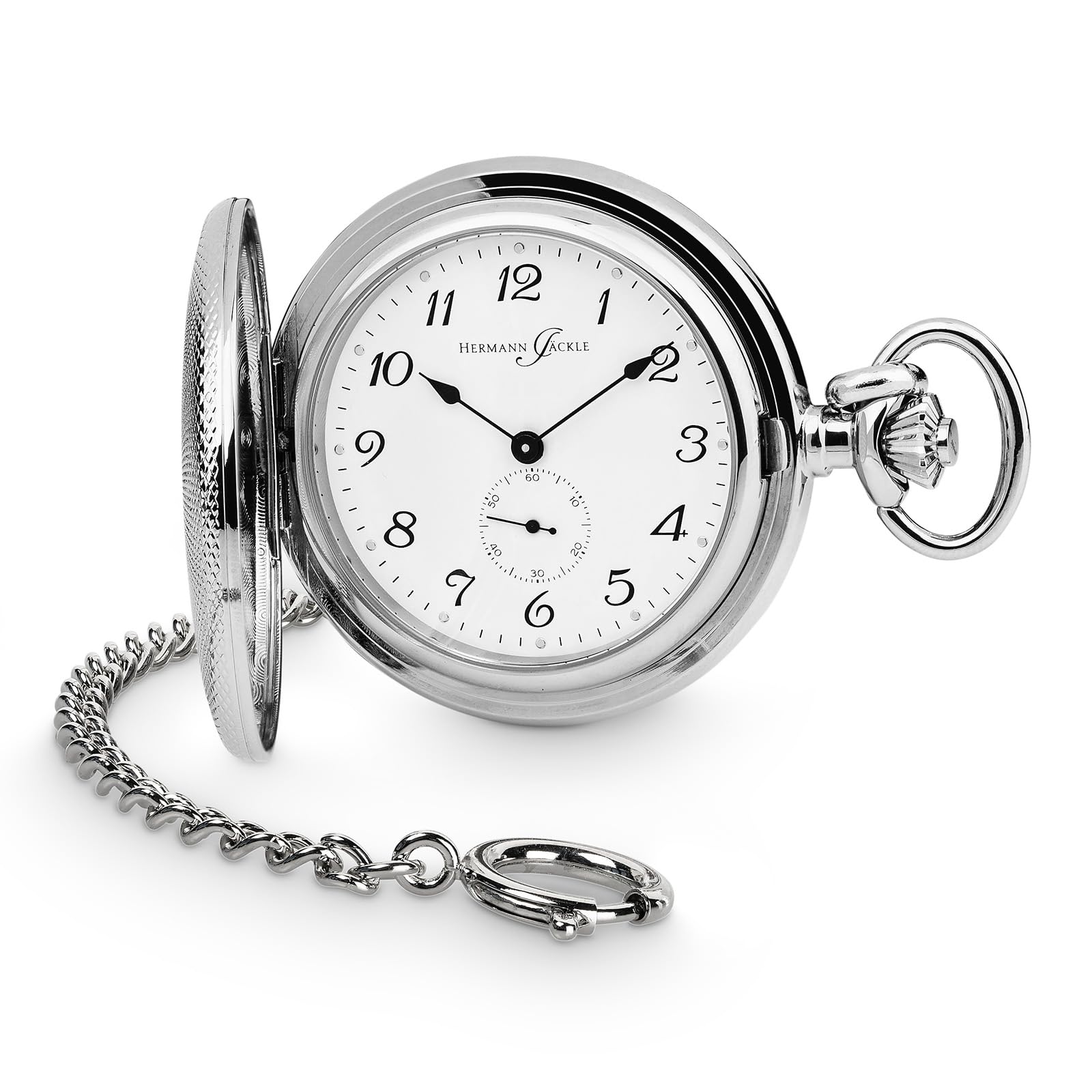 Hermann Jäckle Herren Taschenuhr Freiburg Quarz Silber 48 mm | Quarzwerk, Sprungdeckel, kleine Sekunde, klassisches Design, inklusive Kette und Reiseetui