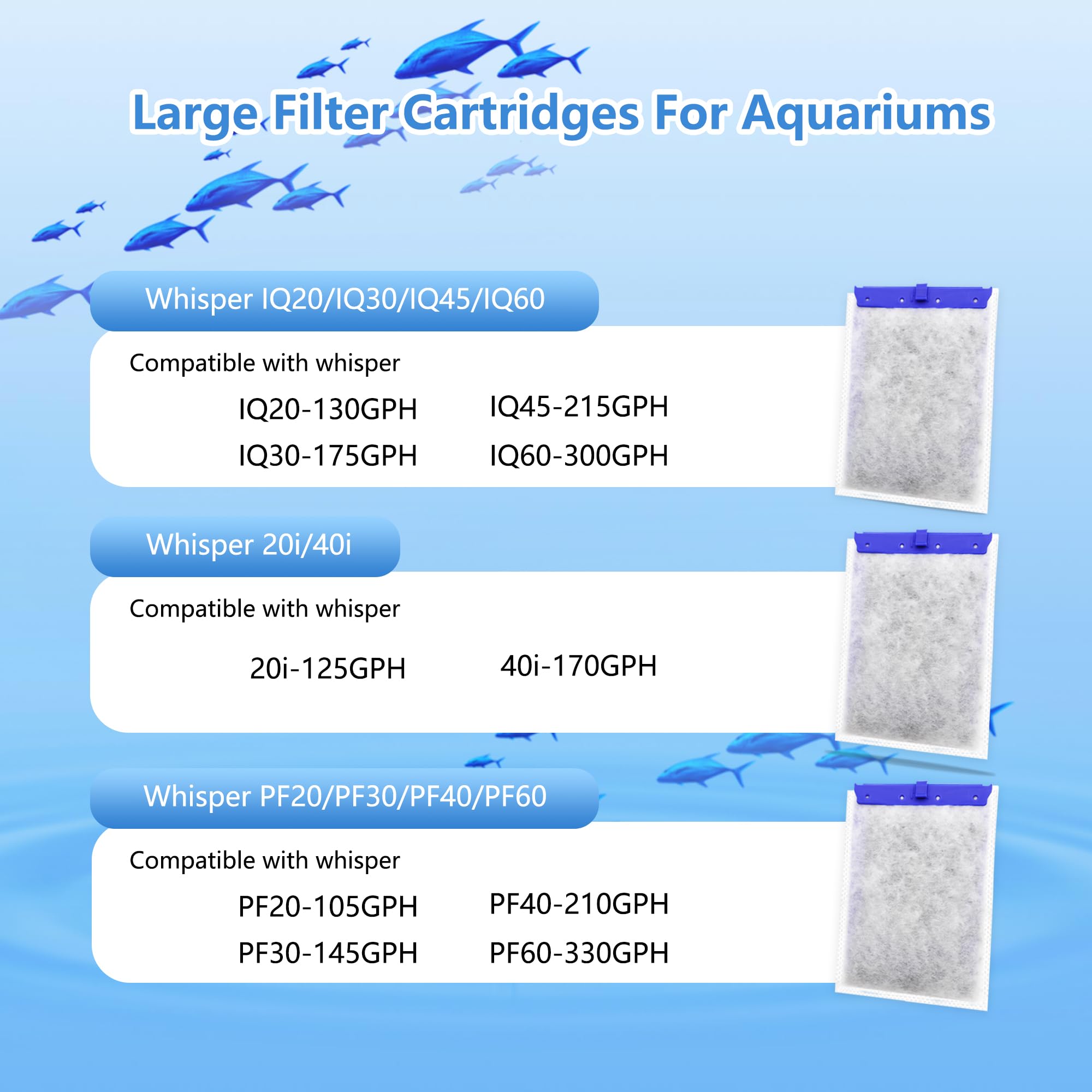 Paquete de 24 cartuchos de filtro de acuario grandes compatibles con la serie de filtros Whisper Bag para modelos 20i, 40i/IQ20, 30, 45, 60/PF20, 30, 40, 60