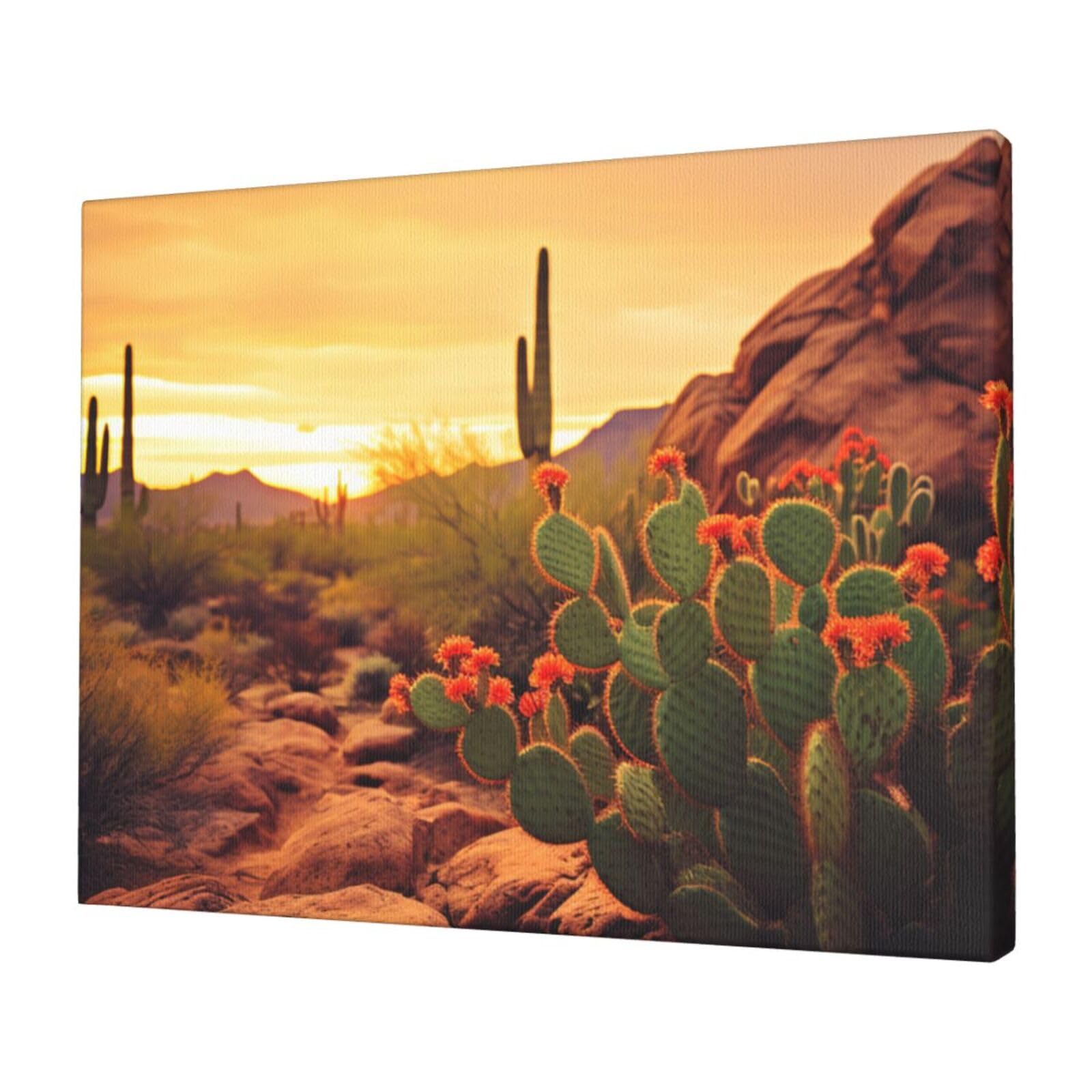FodPand Canvas Wall Art for Living Room Wall Decor 12"x16" Modern Artwork Painting Pictures Hanging Canvas Prints Cactus at Sunset Poster Aesthetic Wall Art for Bedroom Bathroom Office Wallart Decor