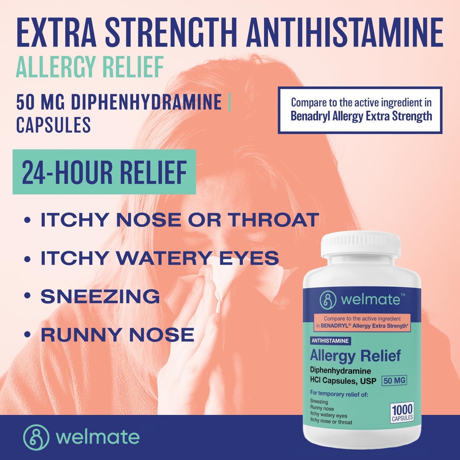 WELMATE UTI Comfort & Restful Night Kit: Urinary Pain Relief Phenazopyridine 99.5mg (72 Ct) & Nighttime Sleep-Aid Diphenhydramine 50mg (1000 Ct)