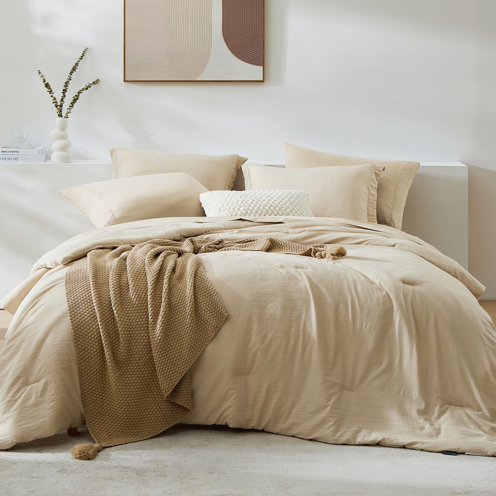 Photo 1 of WRENSONGE Full Size Comforter Set- 7 Pieces Soft Beige Bed in a Bag Full with Fitted Sheet, Flat Sheet, 2 Pillow Shams, 2 Pillowcases, Warm Bedding Sets for All Season