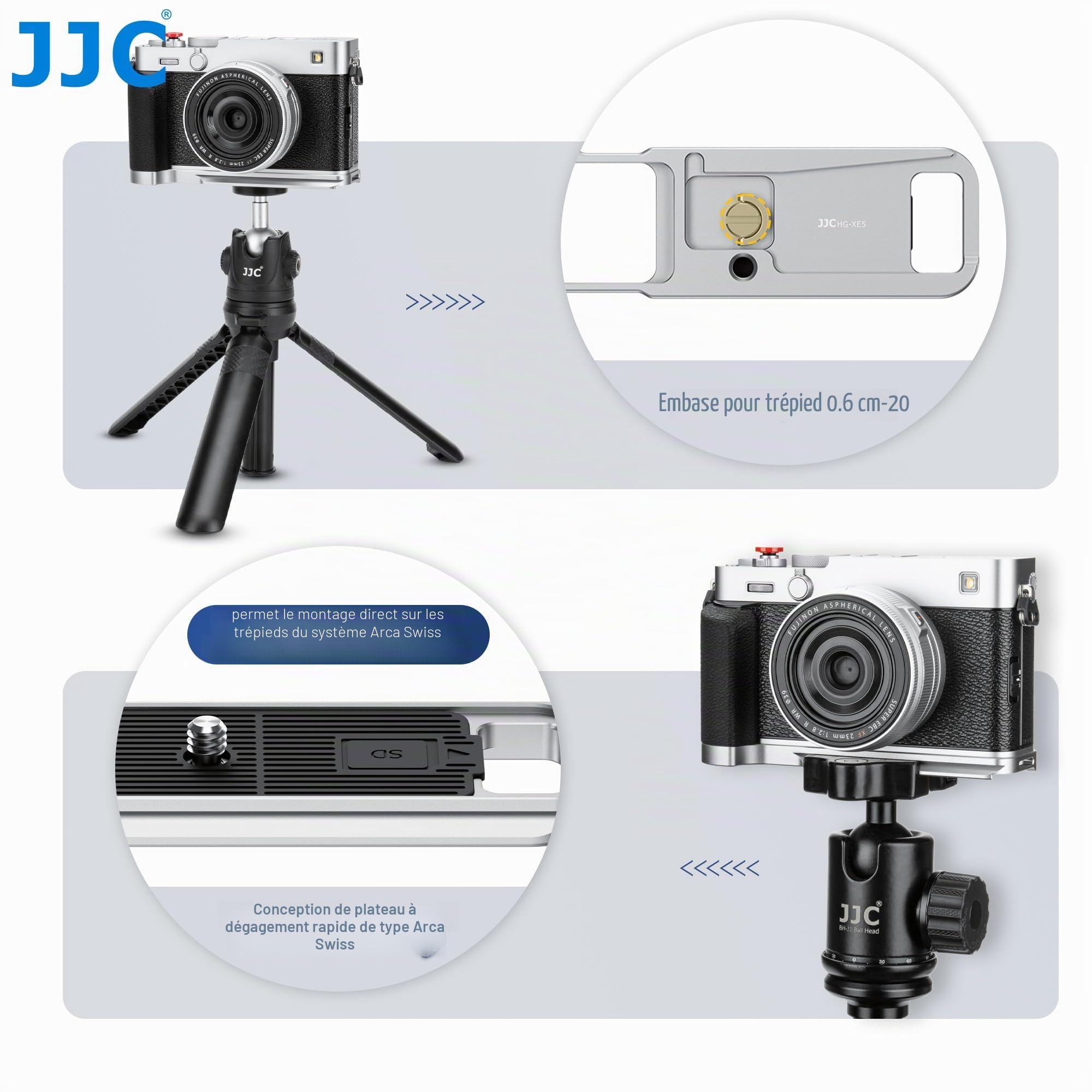 Poignée métallique en L JJC avec Bouton d'obturateur Compatible avec Fujifilm X-E5, XE5, Quick Release Arca, poignée avec Peak Design Capture Camera Clip V3, Emplacement SD intégré, Noir