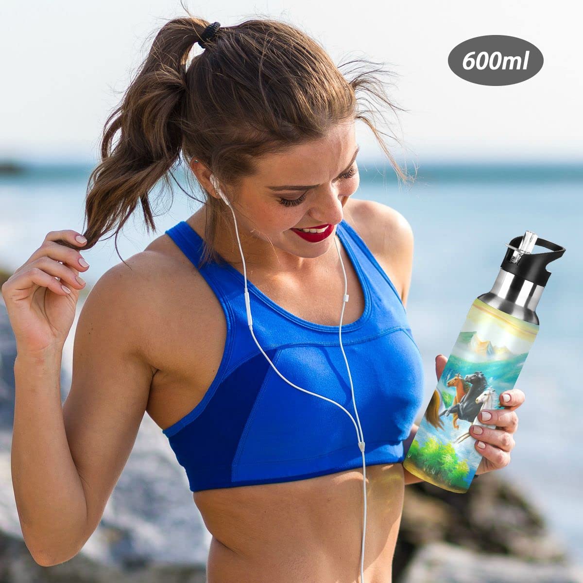 Edelstahl Wasserflasche mit Strohhalm, Pferdemalerei Isolierte Trinkflasche Sport Wasserflasche für Kinder Erwachsene, auslaufsicher, 1L