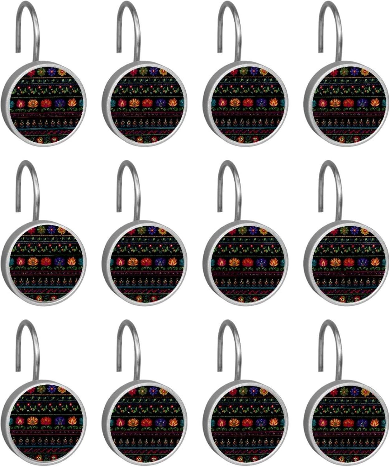 Set of 12 African Boho Paisley Floral Shower Curtain Hooks, Stainless Steel Shower Hangers for Bathroom, Rustproof Decorative Shower Rings for Bedroom Living Room Shower Curtain Rod