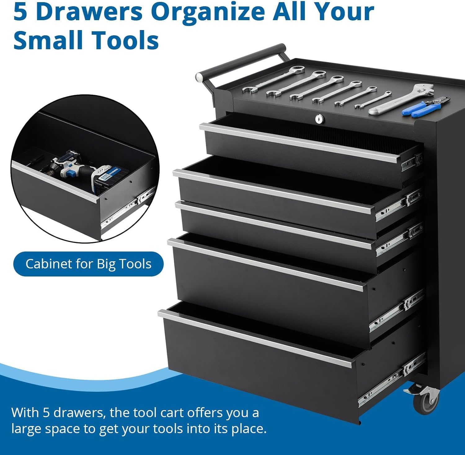 5-Drawer Rolling Tool Storage Chest,Garage Tool Box with Key Lock and Removable Drawer Liners,Portable Mobile Tool Storage Cabinet for Garage, Workshop, Mechanics and Repair Room