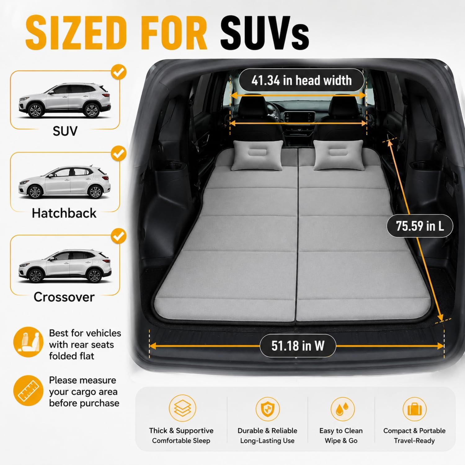 Marsui SUV Mattress Non Inflatable Car Mattress with 2 Pillows, Gray