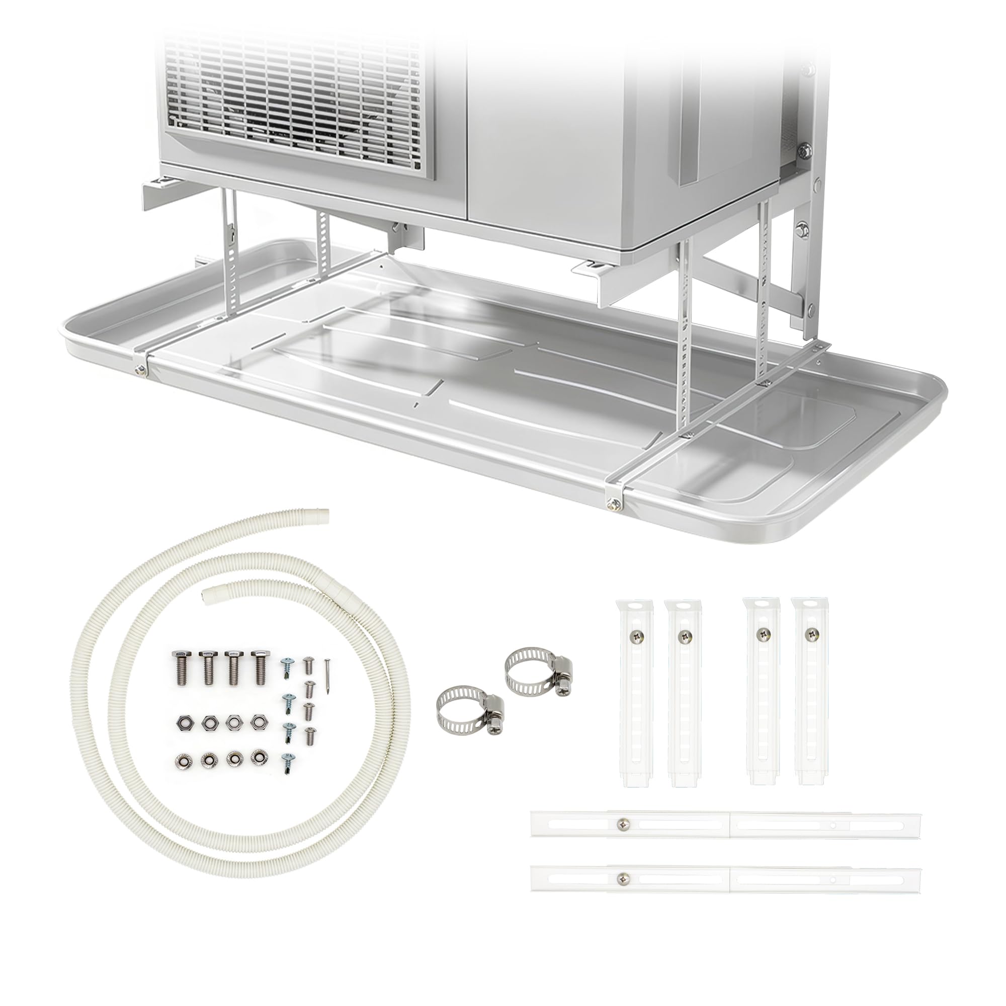 Vassoio di condensazione per aria condizionata, in acciaio inox 304 bianco, per uso esterno, anticorrosione, con tubo di scarico e supporto regolabile, 840 x 390 x 35 mm