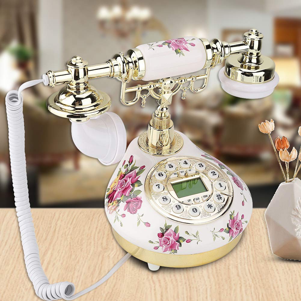 Téléphone Fixe Retro Téléphone Filaire Antique, Téléphone Rétro Classique en Céramique à L'ancienne avec Cadran à Bouton-Poussoir Téléphone Filaire de Bureau avec écran LCD pour Décoratio