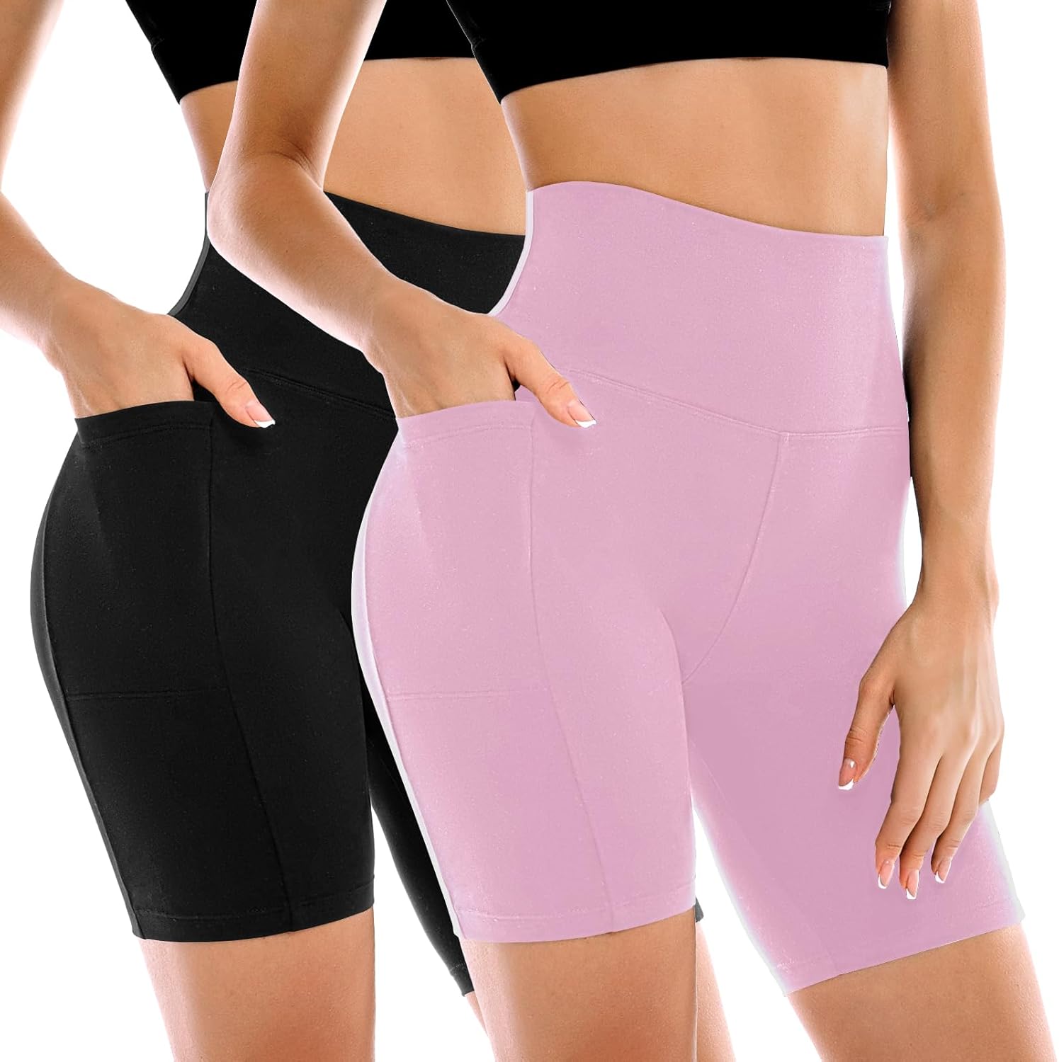 2 Pack Womens Biker Shorts with Pockets, High Waisted Yoga Shorts for Women Running Gym and Workout