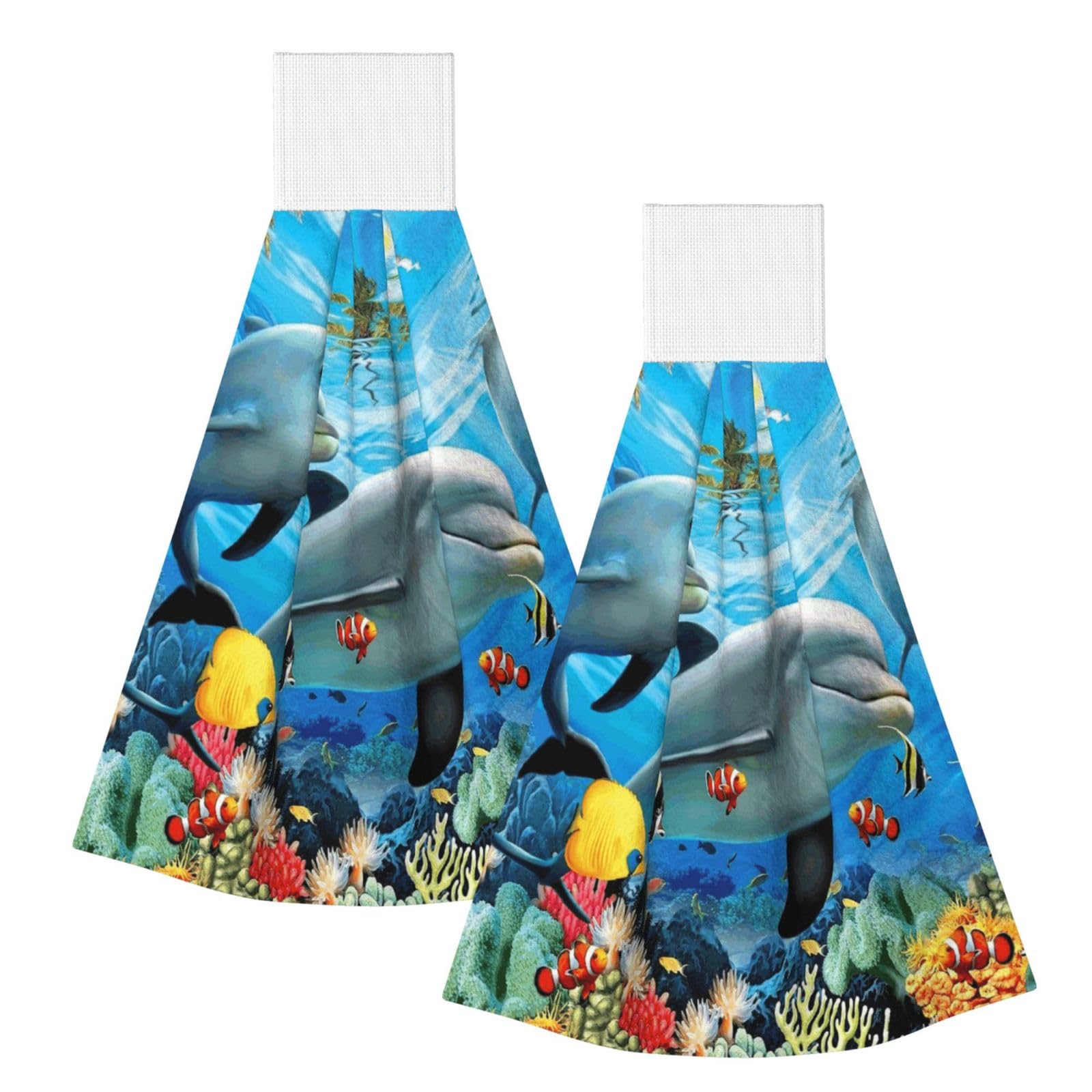 DOPKLNA Underwater Dolphin, 2 Pcs Hanging Coral Fiber Hand Towels for Bathroom, Absorbent Kitchen Towels