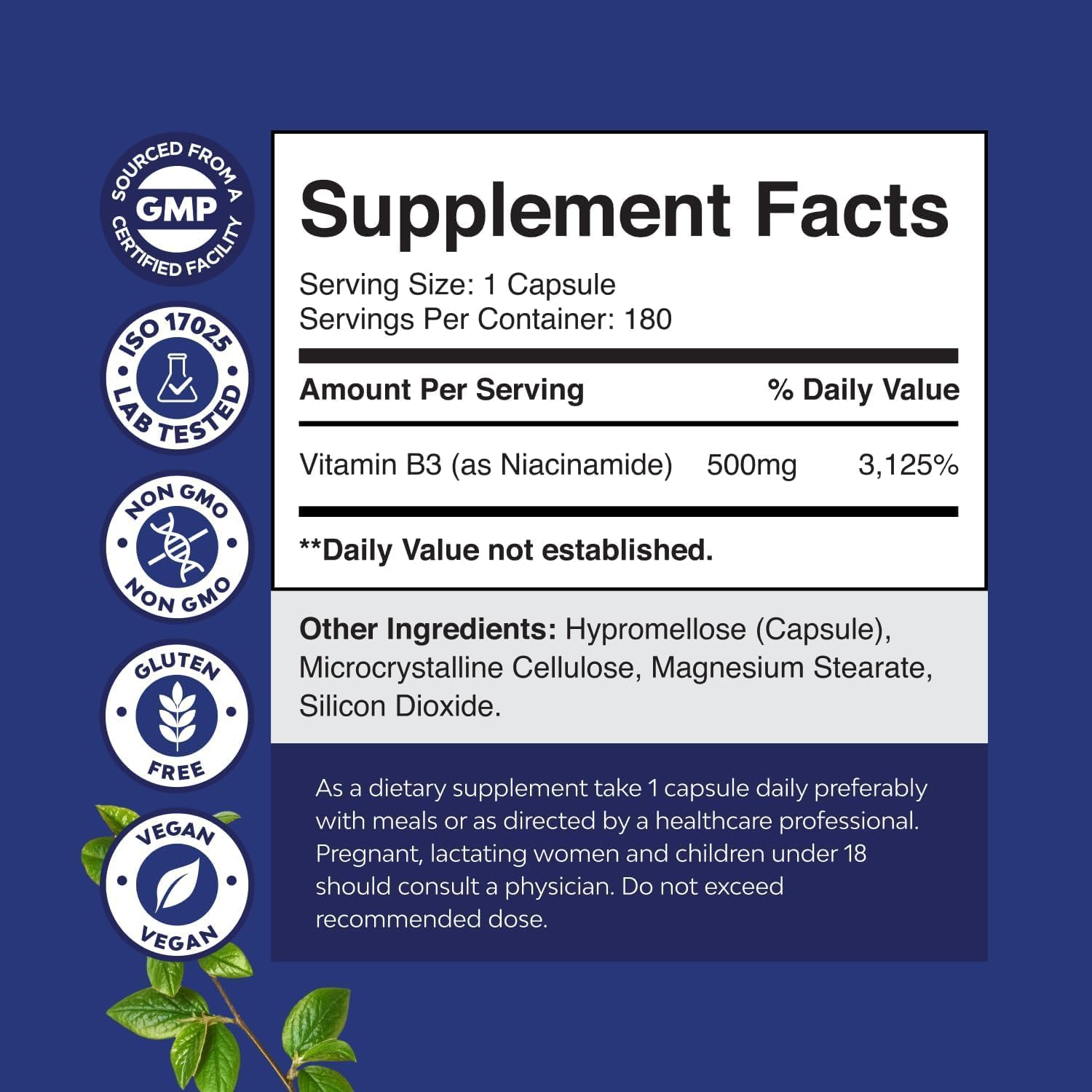 Pure Vitamin B3 Niacinamide 500mg Capsules - Niacinamide (Vit B3) 500mg Flush Free Form of B3 Vitamins for Skin Health Detox & NAD Production Support for Women & Men - Healthy Skin Supplement - 180 Ct - Image 2