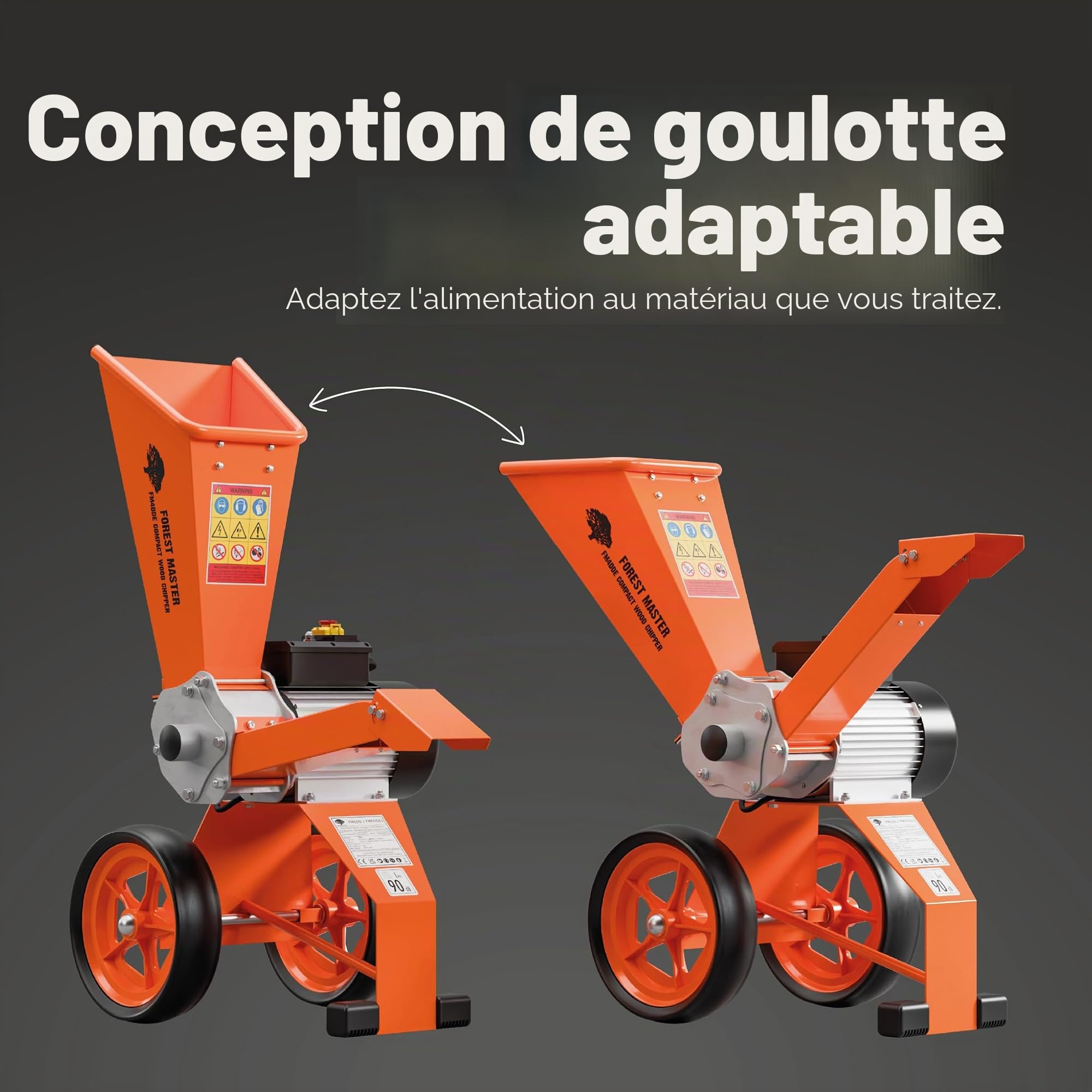 FM4DDE-EU-ADJ Broyeur de Bois Électrique 4hp avec Trémie Rotative – Entraînement Direct, Compact et Portable – Broie jusqu’à 50 mm de Diamètre avec Système Anti-Bouchage Amélioré et Prise EU