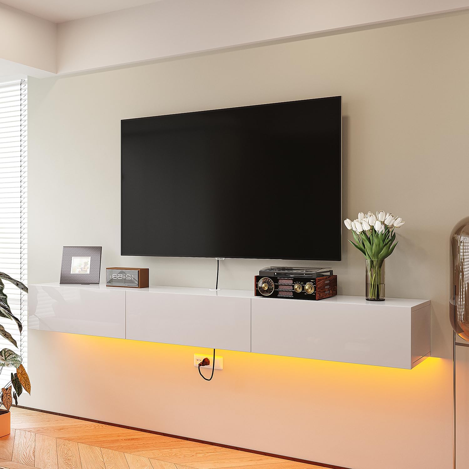 FurniNova Floating TV Stand with 3 Doors,Modern Floating TV Console Cabinet with Storage,Plywood Floating TV Shelf, Wall Mount TV Stand with Cable Holes for up to 50 Inch TVs, 47IN White