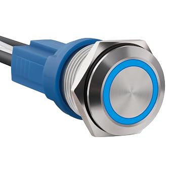 LED Latching Stainless Steel Push Button Switch 12-24V DC 20A 1NO On Off with Wire Socket 1, Blue, 16mm