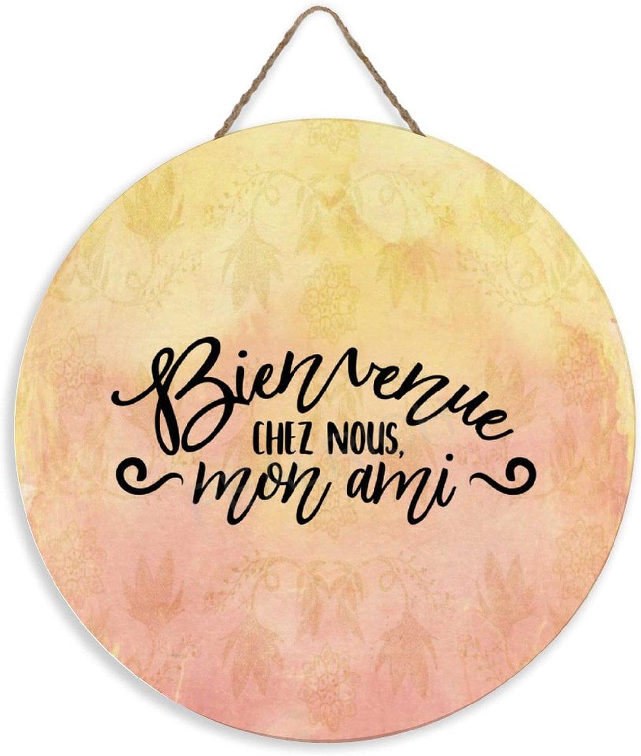 Farmhouse Door Hanger 12โ Round Front Door Wood Sign Plaque Bienvenue Chez Nous, Mon Ami Ready to Hang Wooden Hanger Wall Art Home Decor Housewarming Gifts
