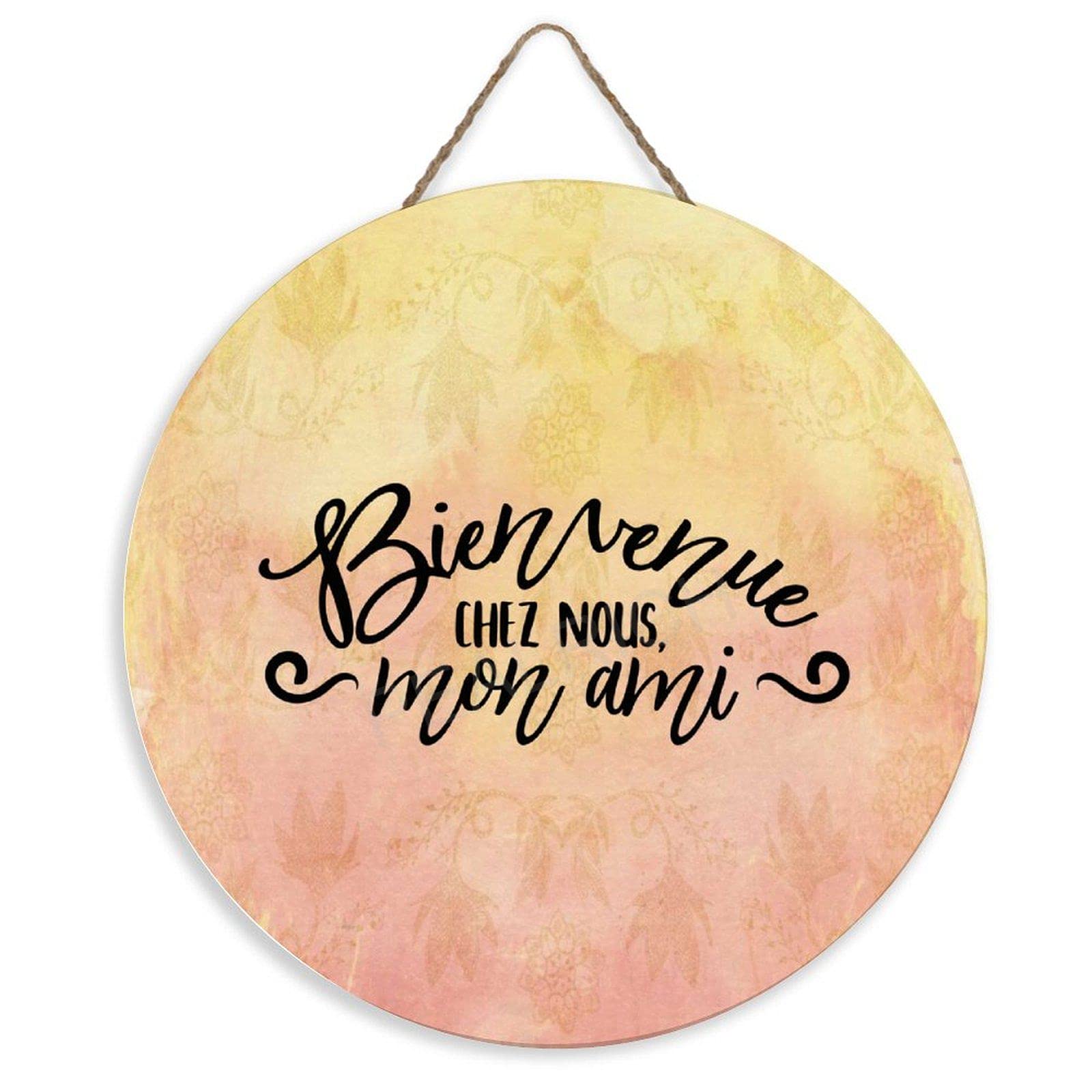 Farmhouse Door Hanger 12” Round Front Door Wood Sign Plaque Bienvenue Chez Nous, Mon Ami Ready to Hang Wooden Hanger Wall Art Home Decor Housewarming Gifts