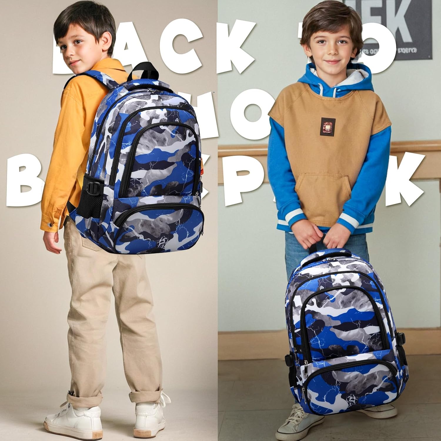 BLUEFAIRY Kids Backpack for Boys Elementary Book Bags Primary Middle School Bookbags for Childs Water Resistant Back to School Gifts Son Mochila Escolares para Niños Aged 8-10 17 Inch Camo Blue - Image 4