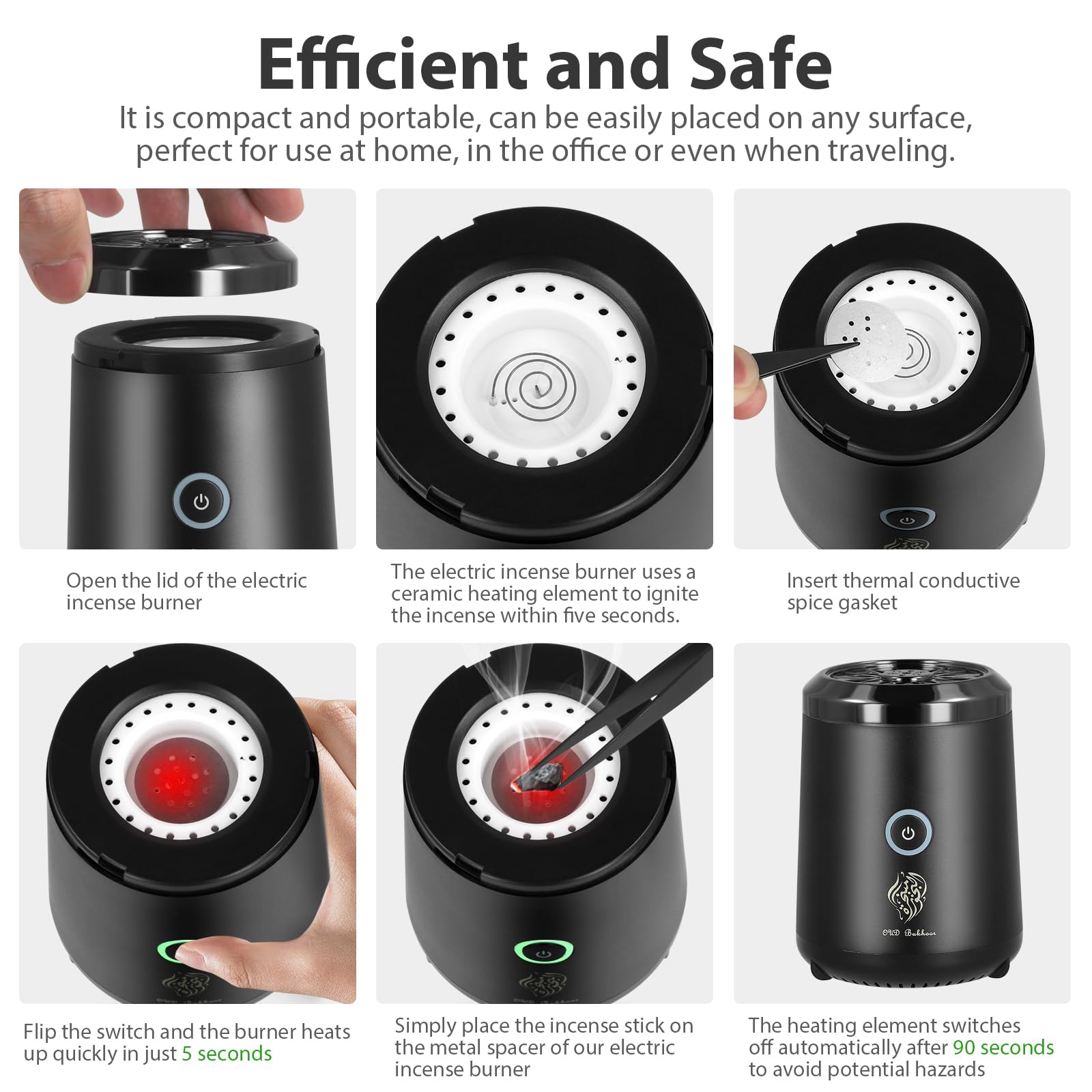Bakhoor Burner - Bruciatore di incenso, elettrico, mini bruciatore di incenso musulmano, portatile, in resina, per viaggi, ufficio, casa, yoga, spa, aromaterapia