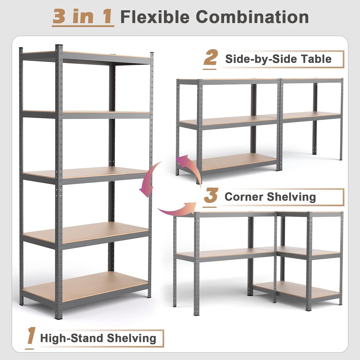 ERGOMASTER Garage Storage Shelves, 5-Tier Heavy Duty Shelving Unit 2920LBS, Adjustable Boltless Organizer Rack for Warehouse 72" W x 18" D x 72" H（Grey, 4Pack）