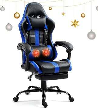 Massage Gaming Chair with Footrest, Ergonomic PU Leather Computer Chair w/Headrest and Lumbar, Height Adjustable, 360 Swivel Desk Office Chair, Blue