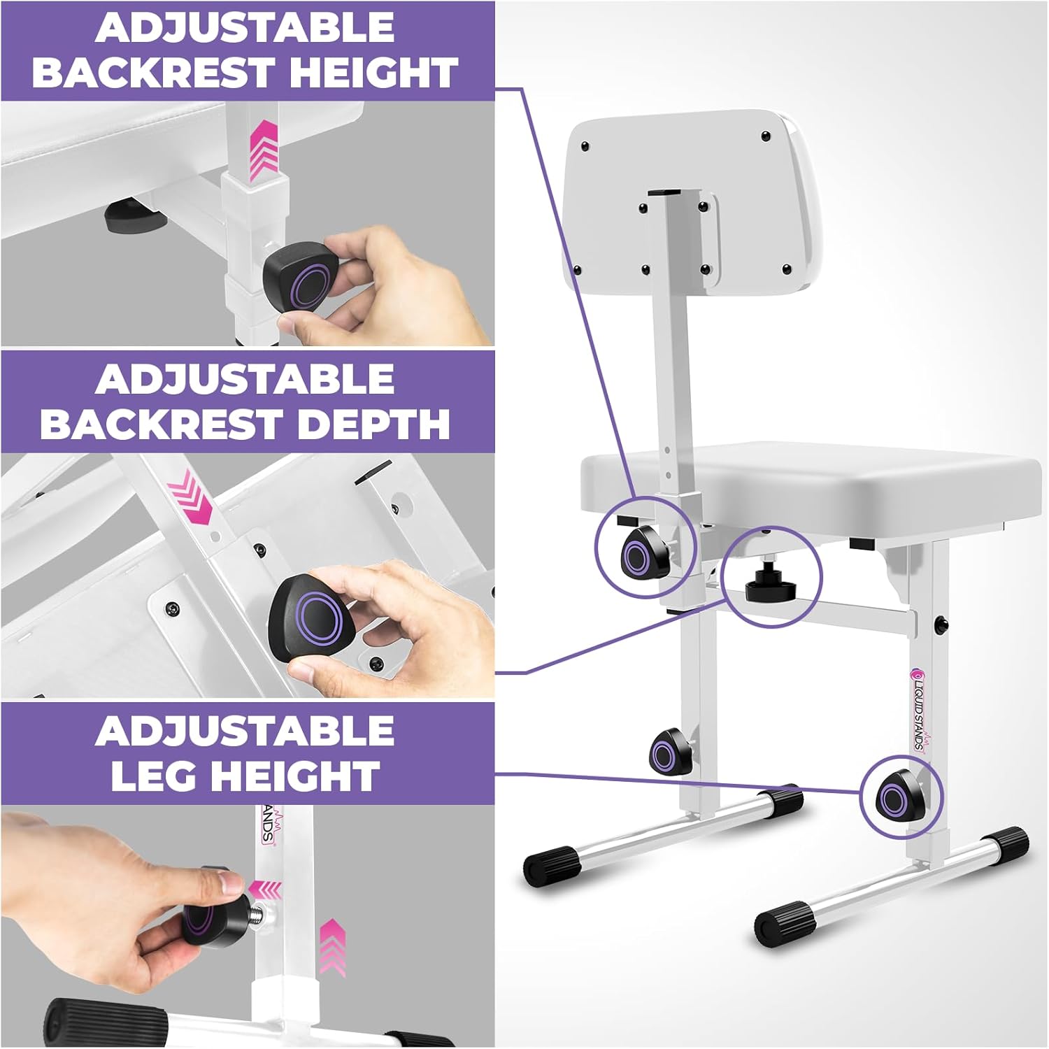 Liquid Stands White Adjustable Piano Bench with Backrest – Music Keyboard Bench Seat for Digital & Electric Pianos - Musicians Stylish Seating, Comfortable, Sturdy, Padded Cushion - Piano Stool Chair