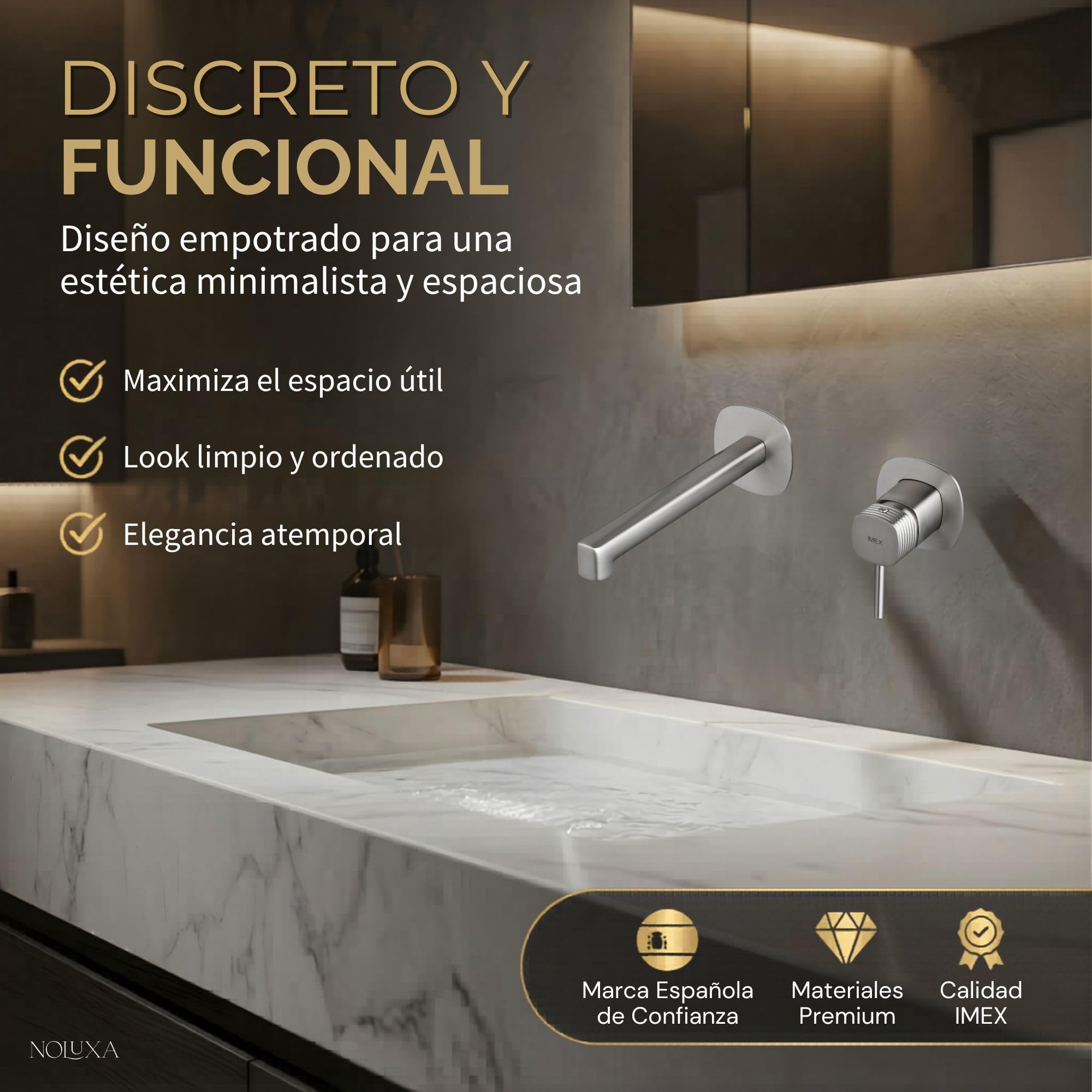 IMEX - Grifo Lavabo Empotrado Níquel Cepillado | Grifo de Lavabo Monomando Pared Mezclador Agua Fría y Caliente | Grifería en Latón con Cartucho Cerámico Ø35mm | Serie Firenze